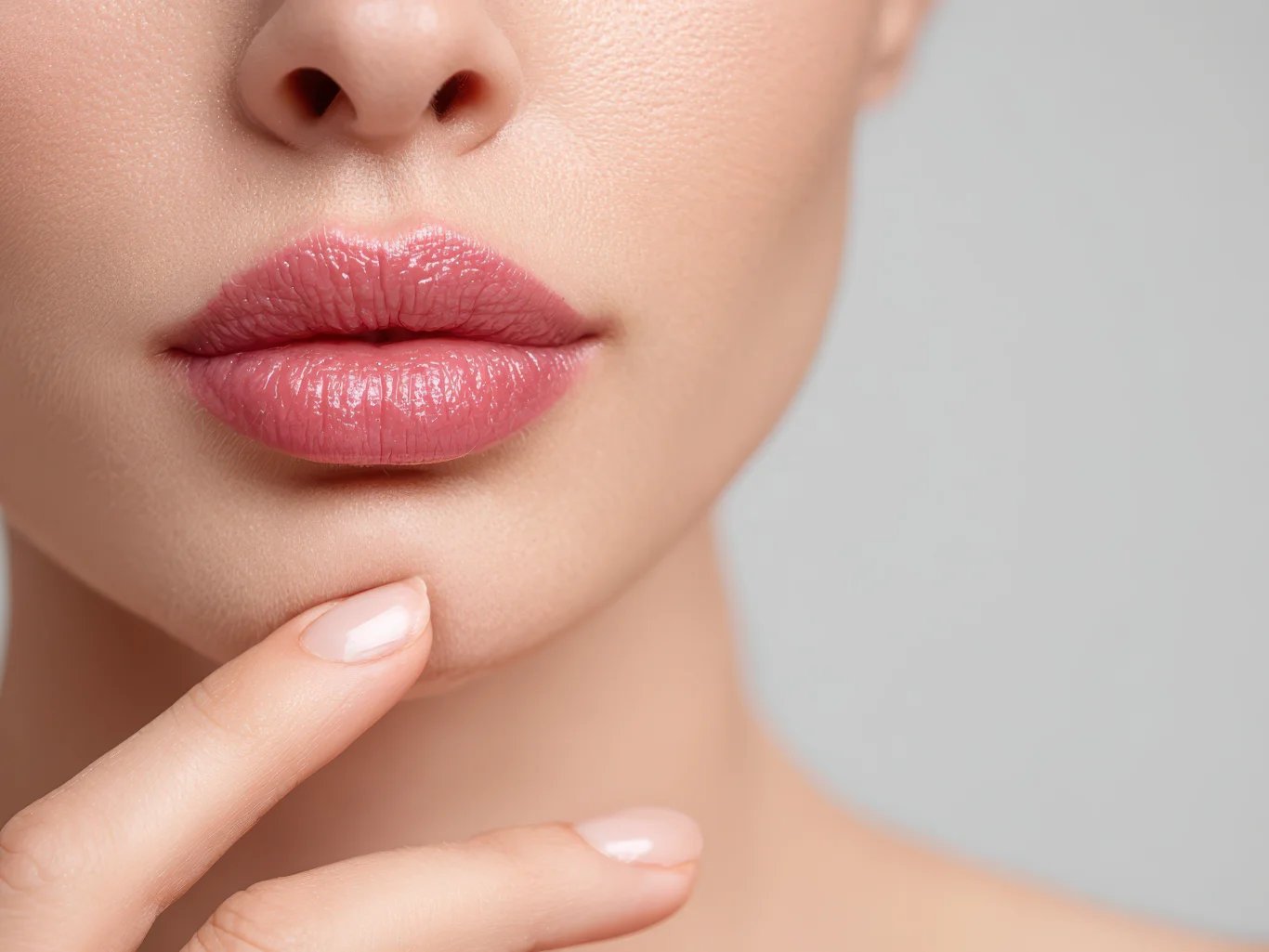 A close up shot focusing on a womans full hydrated lips with a natural pink tint